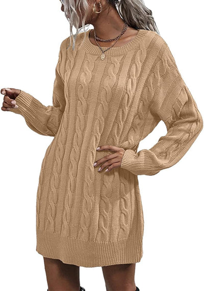 Womens Sweater Dress Crewneck Long Sleeve Cable Knitted Dress Casual Loose Knit Mini Dress Khaki