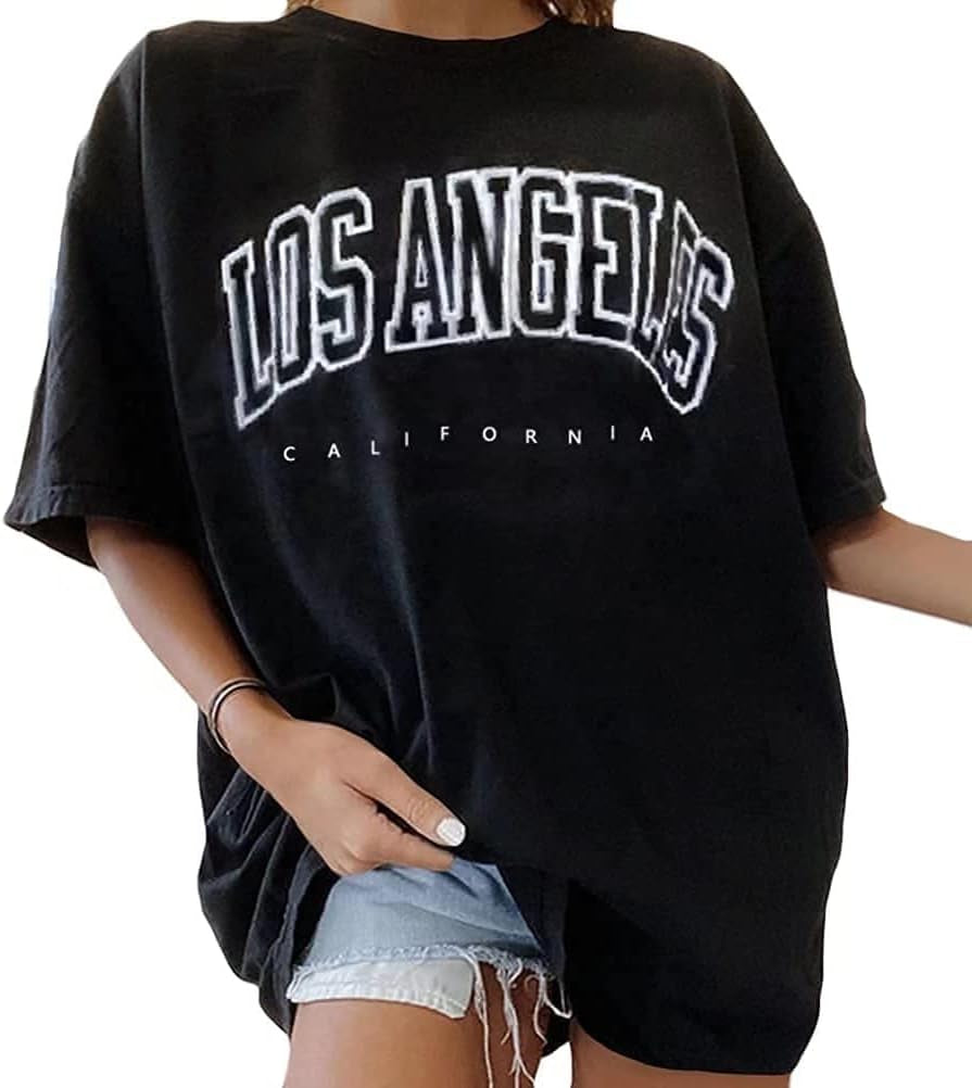 Women’S Casual Letter Graphic Print Short Sleeve Tunic Tops round Neck Loose Tee Oversized Drop Shoulder Longline T Shirts