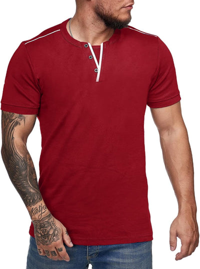 Men'S Short Sleeve Henley T Shirts Casual Slim Fit Summer Basic Plain Beefy Tee Shirts (Wine Red, Large)