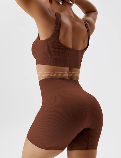 Seamless Workout Sets for Women 2 Piece Biker Shorts Gym Ribbed Crop Tank Top Casual Yoga Outfits Coffee L