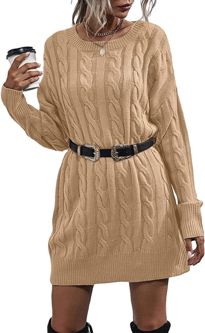 Womens Sweater Dress Crewneck Long Sleeve Cable Knitted Dress Casual Loose Knit Mini Dress Khaki