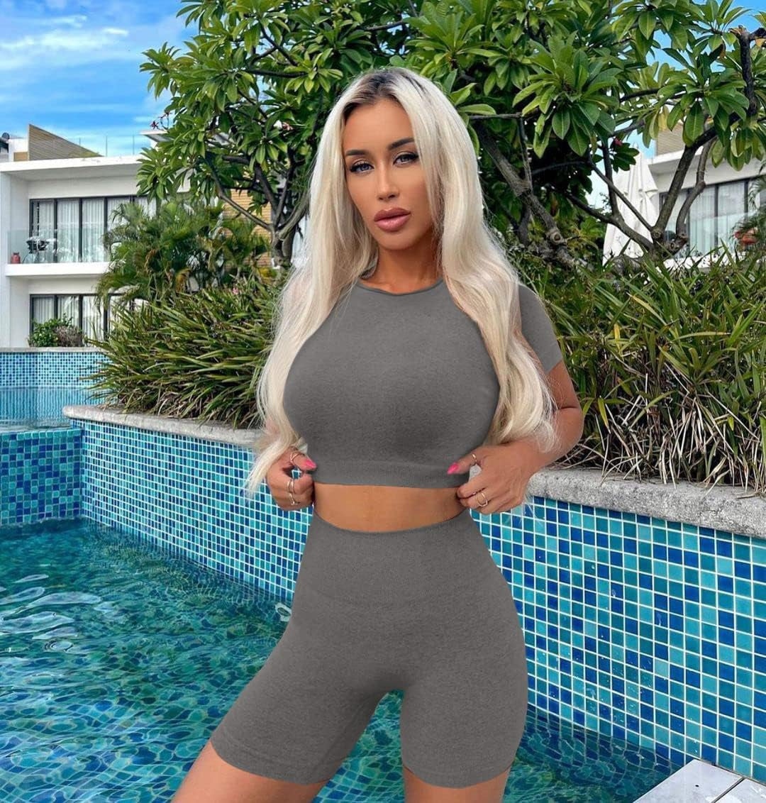 Seamless Workout Set for Women 2 Piece High Waisted Yoga Sports Shorts Tracksuits Athletic Outfits Gym Clothes Grey…