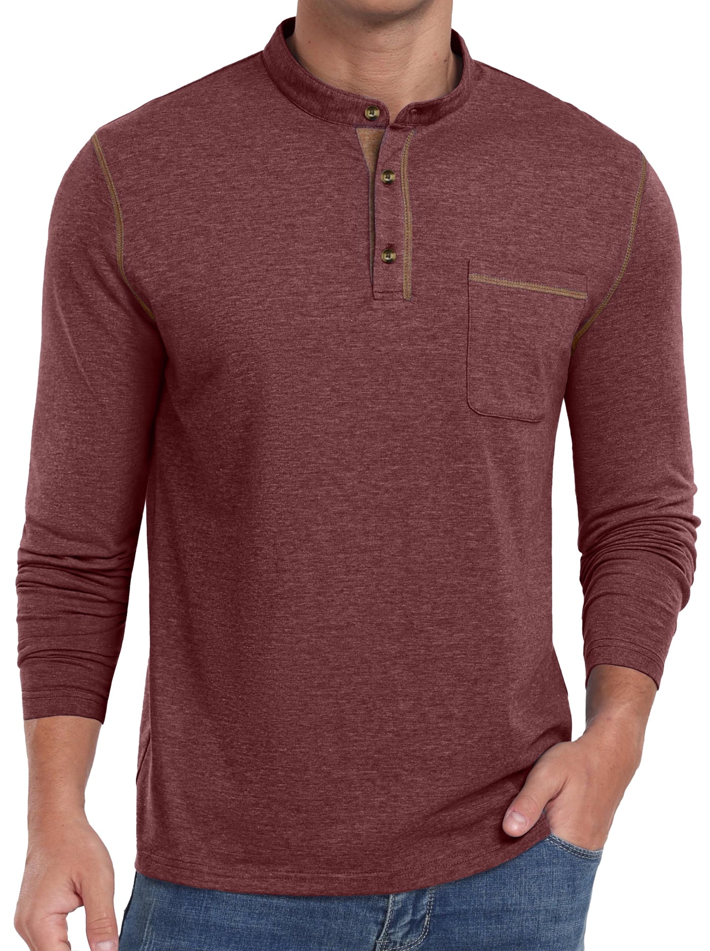 Mens Henley Shirts Long Sleeve Casual Tops Lightweight Pullover Shirt Button Cotton T-Shirt with Pocket