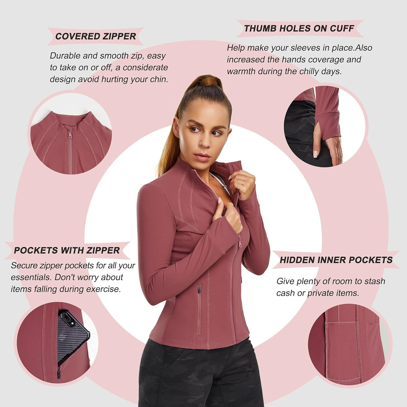 Women'S Sports Jacket Full Zip Workout Running Jacket Slim Fit Long Sleeve Yoga Track Jacket with Thumb Holes (Pink, Medium, M)