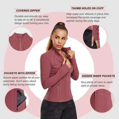 Women'S Sports Jacket Full Zip Workout Running Jacket Slim Fit Long Sleeve Yoga Track Jacket with Thumb Holes (Pink, Medium, M)