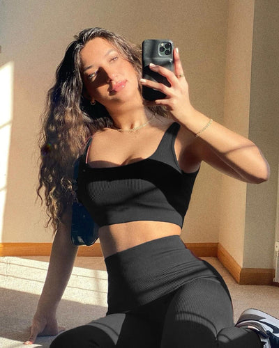 FAFOFA Women Padded Sports Bra Fitness Ribbed Workout Sexy Running Shirts Yoga 2 Piece Outfits Black L