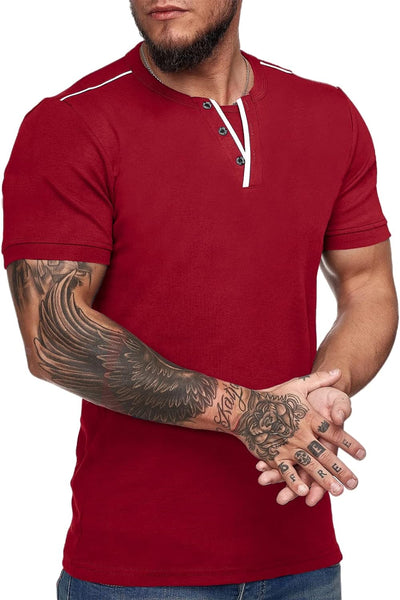 Men'S Short Sleeve Henley T Shirts Casual Slim Fit Summer Basic Plain Beefy Tee Shirts (Wine Red, Large)