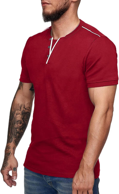 Men'S Short Sleeve Henley T Shirts Casual Slim Fit Summer Basic Plain Beefy Tee Shirts (Wine Red, Large)