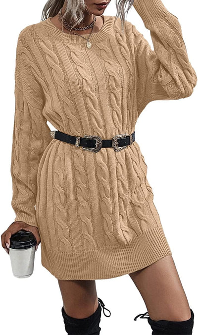 Womens Sweater Dress Crewneck Long Sleeve Cable Knitted Dress Casual Loose Knit Mini Dress Khaki