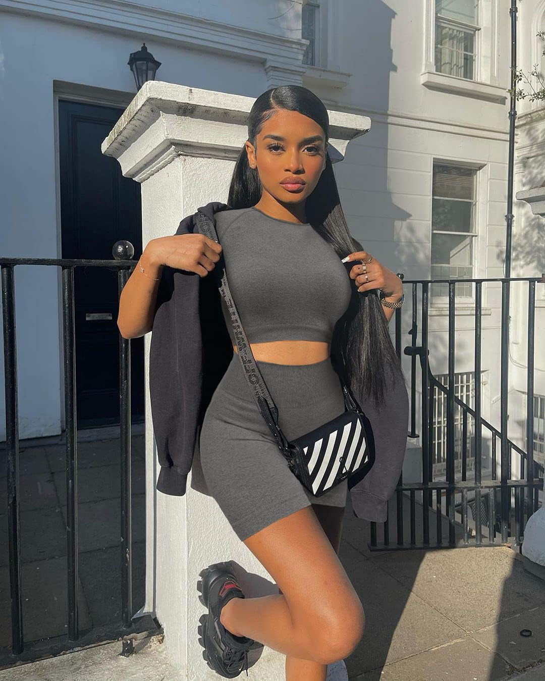 Seamless Workout Set for Women 2 Piece High Waisted Yoga Sports Shorts Tracksuits Athletic Outfits Gym Clothes Grey…